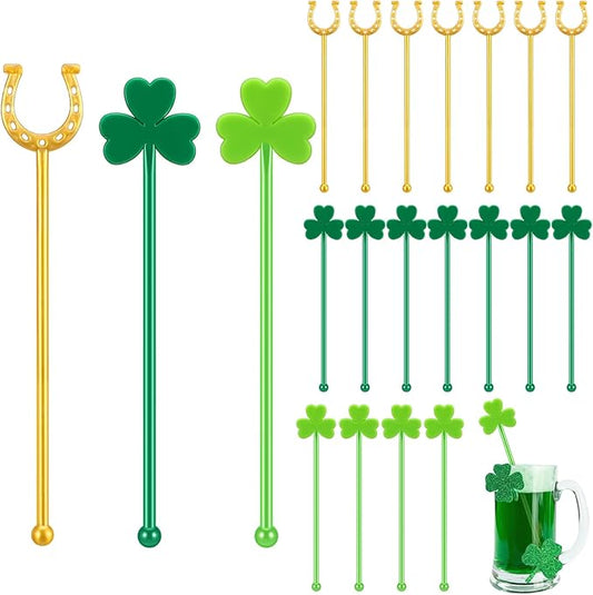 30 Pcs Saint Patrick's Day Drink Stirrers Irish Shamrock Stir Sticks Cocktail Drink 6" Plastic Swizzle Sticks Reusable Shamrock Stirrer for Coffee Beverage Party Bar Supplies (Stylish Style)