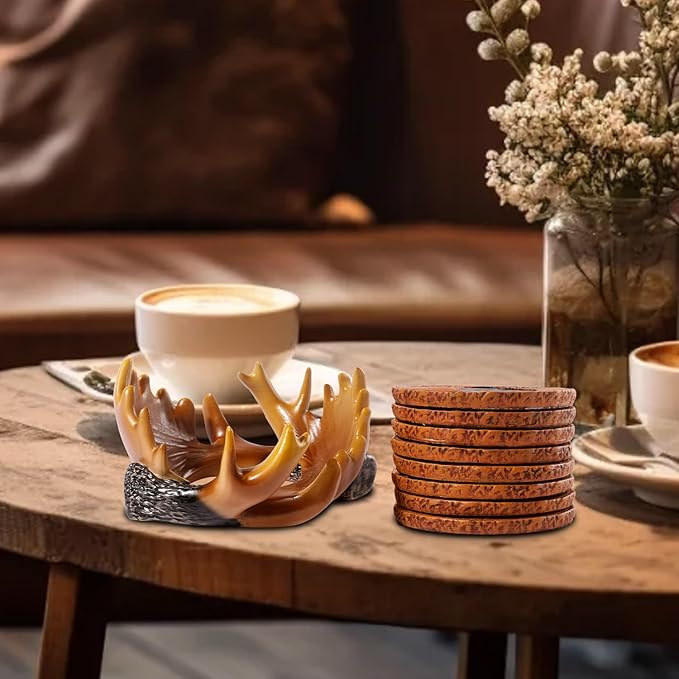 Deer Antler Coasters Set 8 Full Size Non-Slip Cabin Decor Bar Coasters, Indoor Christmas Decorations, Man Cave Gifts for Men and Deer Lovers, Rustic Handmade Cup Coaster for The Home