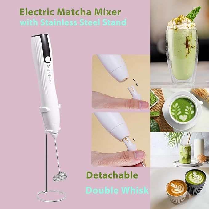 Milk Frother Handheld with Stand, Rechargeable Coffee Frother Wand with 2 Stainless Whisks 3 Speeds, Drink Mixer, Electric Foam Maker, Hand Mixer for Lattes, Cappuccino, Matcha, Egg, White