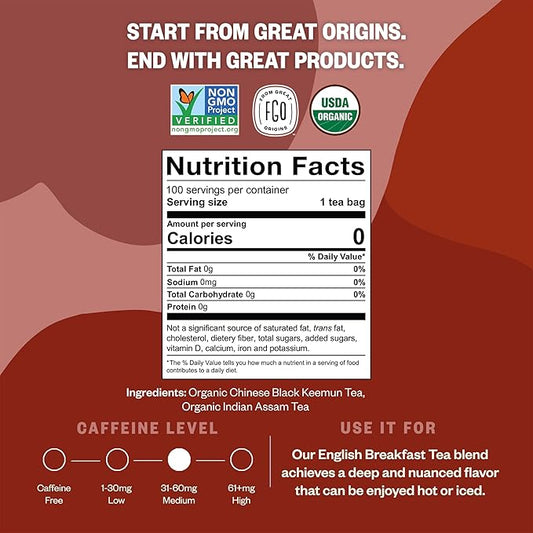 FGO Organic English Breakfast Black Tea, 100 Count, Eco-Conscious Tea Bags, Resealable Bag, Packaging May Vary (Pack of 1)