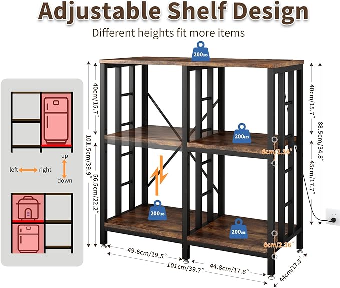 Adjustable Kitchen Bakers Rack with Power Outlet,4-Tier Microwave Stand Kitchen Cart,Mini Fridge Stand with Storage,Bar Cabinet,Suitable for Office,Coffee Bar,Living Room,Patio,Rustic Brown