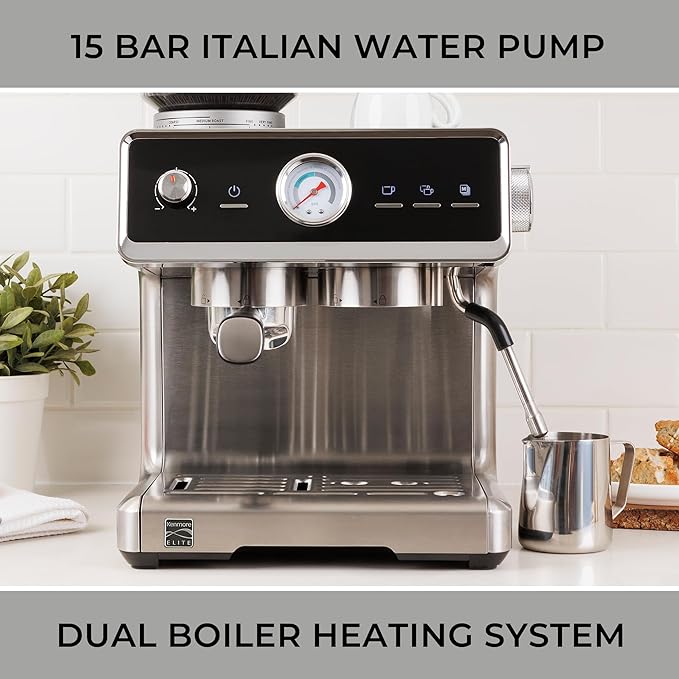 Kenmore Elite Espresso Machine – Automatic Coffee Maker with Auto Tamper, Auto Cleaning, Milk Steamer & Frother, Bean Grinder, Brew Professional Barista Style Cappuccino, Café Latte