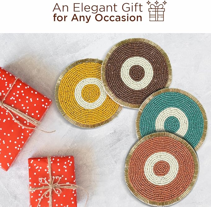 Folkulture Hand-Crafted Evil Eye Enchanment Beaded Coasters Set of 4 | Handmade Round Drink Coasters for Coffee Table & Bar | Boho Evil Eye Home Décor | Housewarming Gifts,Valentine Gift