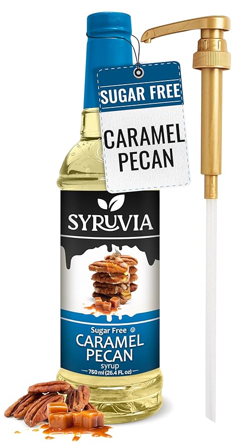 Syruvia Sugar Free Coffee Syrup, Caramel Pecan Flavored Syrup for Drinks, Lattes, and Desserts – 25.4 fl oz, With Pump