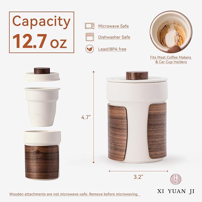 Tea Cup with Infuser and Lid 12.7oz - Artisan Ceramic Mug with Wooden Sleeve, Loose Leaf Tea Infuser Cup for Home/Office Use (Ideal for Birthday & Anniversary Gifting)