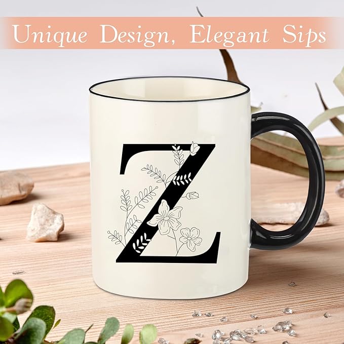 Monogram Ceramic Coffee Mugs, 11 oz Initial Drinking Cup with Gift Box, Unique Birthday Valentines Day Gifts for Women Wife Mothers Day Grandma Mom Aunt, Z