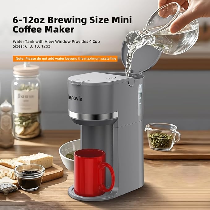 Mini Single Serve Coffee Maker for K Cup Pods and Ground Coffee, Fast Brew One Cup Coffee Machine with Descaling Reminder and Water Window, 6 to 12 oz. Brew Sizes, Gray