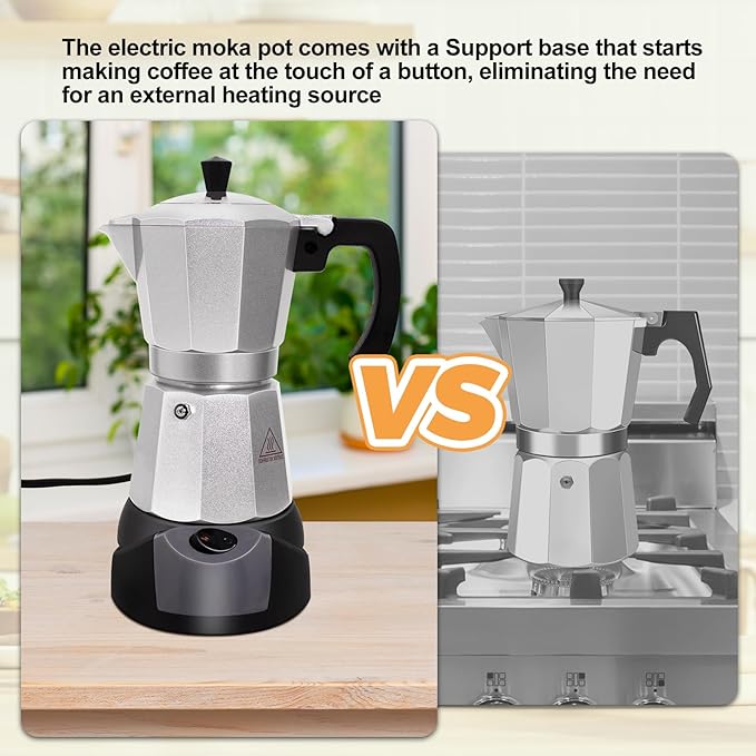 Vaolvpant Electric Aluminum Moka Pot 5-6 Cup 270ml Espresso Maker with Detachable Base Ideal Coffee Makers for Home MochaPot Italian and Cuban Café Coffeemaker Espressomaker CoffeePot Silver