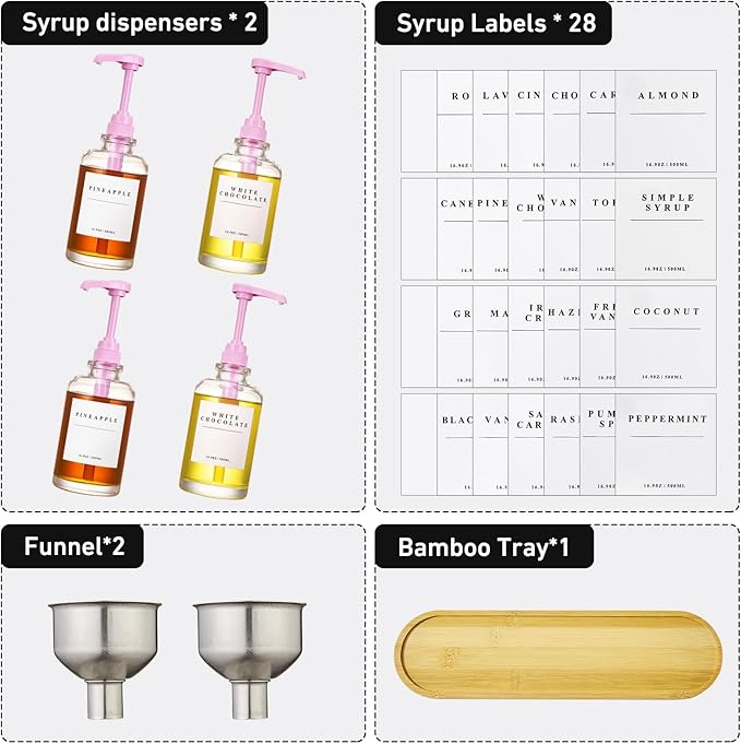 Coffee Syrup Dispenser for Coffee Bar, Coffee Syrup Pump Dispenser, Glass Syrup Bottle with Pink Upgraded Pump, 4 Pack 16.9 oz 500 ml Syrup Dispensers, 28 Labels and Bamboo Tray