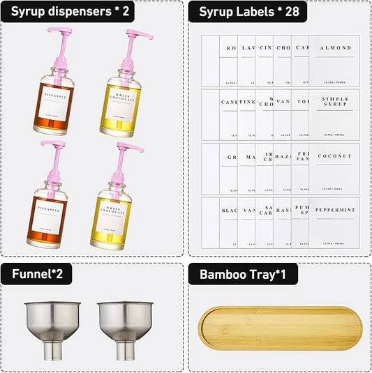 Coffee Syrup Dispenser for Coffee Bar, Coffee Syrup Pump Dispenser, Glass Syrup Bottle with Pink Upgraded Pump, 4 Pack 16.9 oz 500 ml Syrup Dispensers, 28 Labels and Bamboo Tray