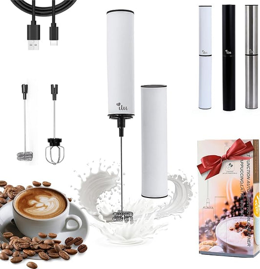 ilu Rechargeable Milk Frother | Drink Mixer | Coffee Frother Handheld with USB-C Charging, stainless steel body, foam, stirrer for Milk, Coffee, matcha, cappuccino, latte, egg (WHITE)