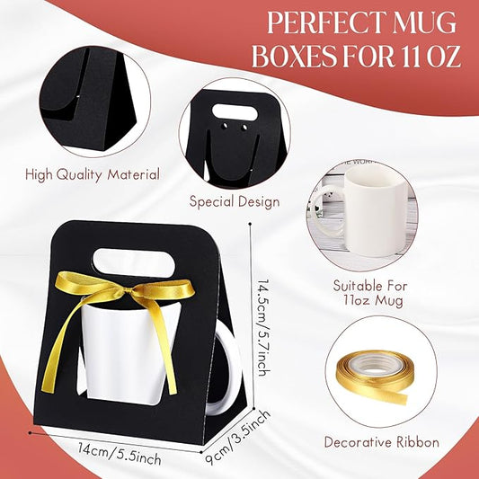 Motipuns 24 Pack Mug Boxes for Gifts 11 oz Coffee Mug Gift Boxes with 1 Roll Ribbon Sublimation Cups Packaging Bags for Sublimation Coffee Cups Blanks Wrapping(Black)