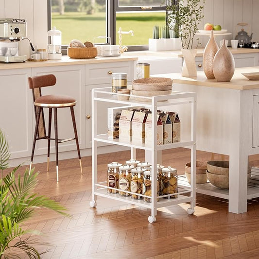 HITNET White Bar Cart, Home Bar Serving Cart, Kitchen Trolley on Wheels with Storage, 3 Tier Rolling Beverage Cart for Living Room Kitchen Home Office