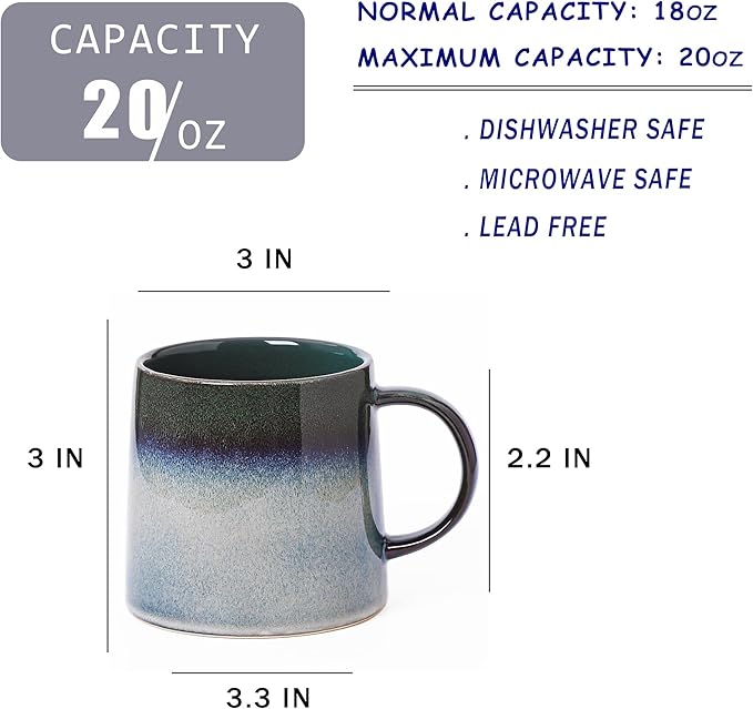 Mkour 20oz Large Ceramic Coffee Mugs, Handmade Cup, Big Tea Cups with Large Handle for Office and Home, Microwave and Dishwasher Safe (Ink Green)