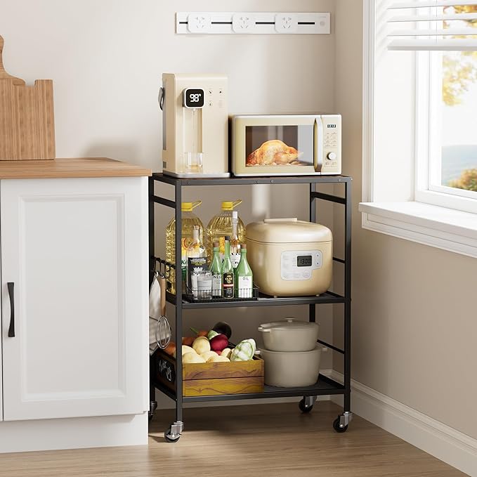 3-Tier Kitchen Cart with Adjustable Shelves - Microwave Storage Cart & Utility Rolling Organizer, Industrial Wheels for Small Spaces, 15.7"x23.6"x33.7" Kitchen Office Living Room Metal Rack
