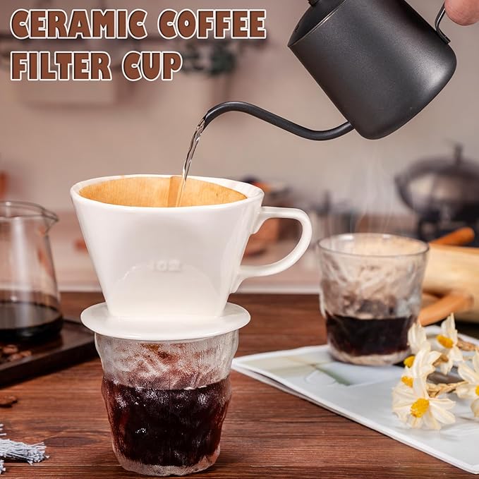 Pour Over Coffee Dripper, Ceramic Pour Over Coffee Maker with 3 Holes Flat Bottom, Easy Manual Brew Maker, Porcelain Slow Filter Cone for Travel, Camping, Office, Home, White