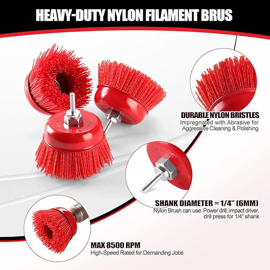 POLIWELL 4 Inch Nylon Filament Brush 5 Pack, 4” Abrasive Bristle Cup Brush Set 5/8"-11 Thread, 1/4" Arbor Max 8500 RPM for Variable Speed Angle Grinder, Polisher and Drill, Prep Surfaces for Bed Liner