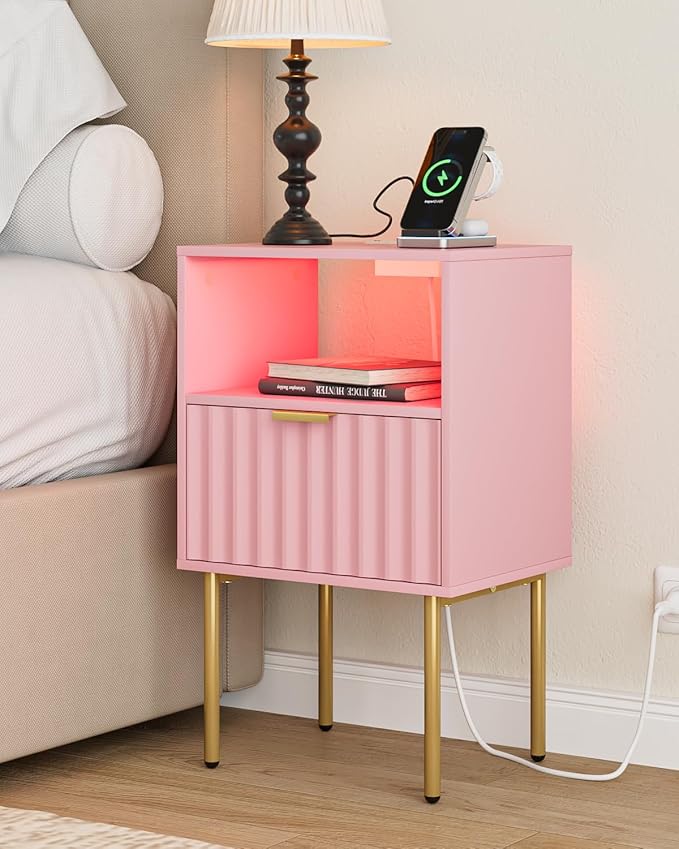 Nightstand with Charging Station and LED Lights, Modern Pink Bedside Table with Fluted Panel Drawer and Gold Legs, End Table with USB Ports & Outlets for Bedroom, Living Room