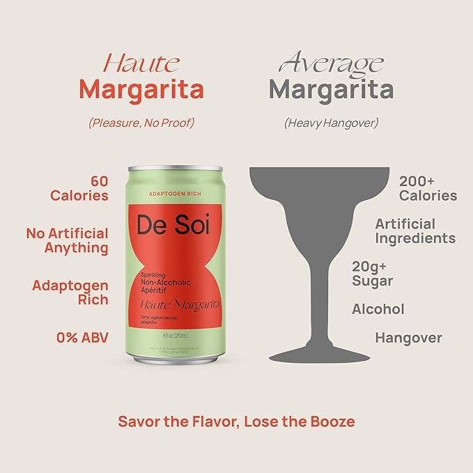 De Soi Haute Margarita 12-Pack – Sparkling Non-Alcoholic Margarita-Style Drink with Adaptogens, L-Theanine, Lion’s Mane & Reishi Mushroom, Bold Mocktail Alternative