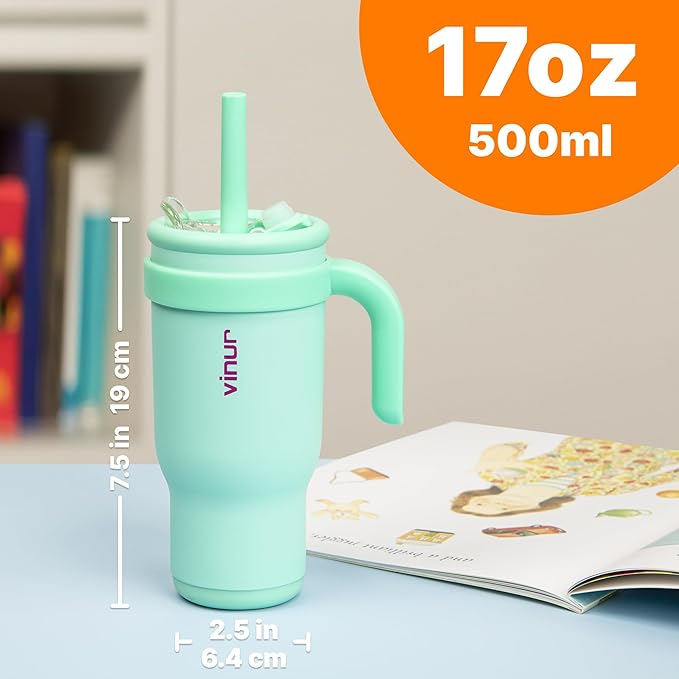 VINUR Kids 17 oz Tumbler with Handle and Straw Lid-2 Pack Stainless Steel Insulated Tumbler Travel Water Cup with Rubber Base-Cup Holder Friendly (Teal-Rose Pink)