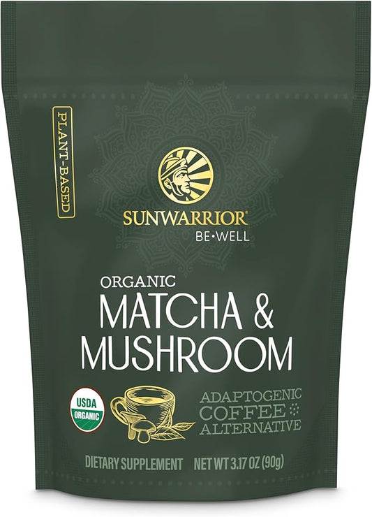 Sunwarrior Organic Matcha Mushroom Powder Supplement | Mushroom Matcha Coffee Alternative Blend of Ceremonial Grade | 90g Pouch 30 Servings Be Well