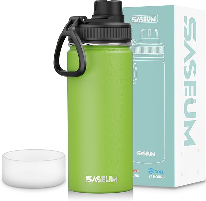 SASEUM Kids Sport Water Bottle 16oz Stainless Steel Double Wall Vacuum Thermal Mug with Leak Proof Spout Lids, Wide Mouth Metal Insulated Water Jug for Gym and Travel（Apple Green）
