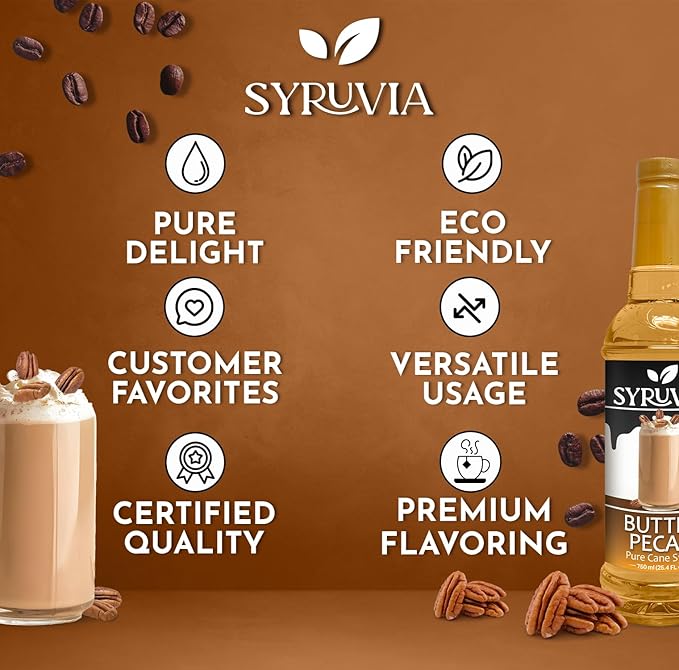 Syruvia Coffee Syrup, Butter Pecan Flavored Syrup for Drinks, Lattes, and Desserts – 25.4 fl oz, With Pump