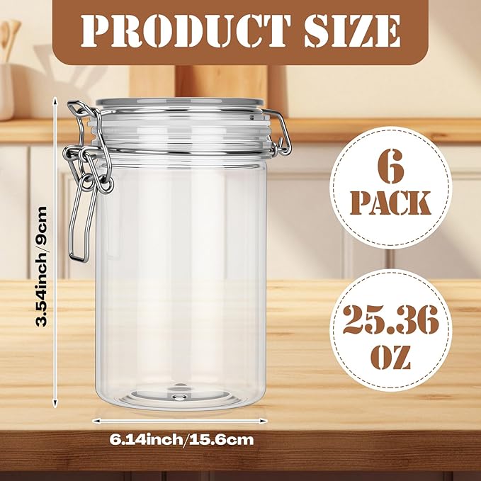 Suclain 6 Pcs 25 Oz/750 ml Plastic Storage Jars with Airtight Hinged Lids, Clear Wide Round Mouth Food Storage Containers Empty Bottles Sealed Jars for Home Kitchen Candy Herbs Spices Coffee Nuts