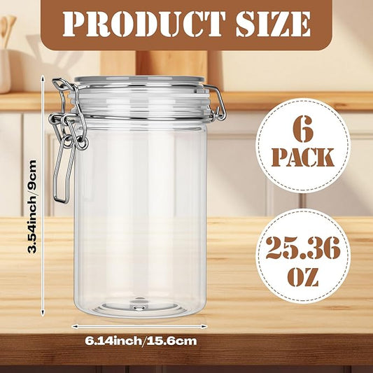 Suclain 6 Pcs 25 Oz/750 ml Plastic Storage Jars with Airtight Hinged Lids, Clear Wide Round Mouth Food Storage Containers Empty Bottles Sealed Jars for Home Kitchen Candy Herbs Spices Coffee Nuts