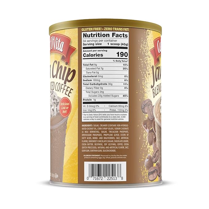Caffe D'Vita Java Chip Latte Blended Ice Coffee - Java Chip Frappe Mix, Blended Iced Coffee Mix, Gluten Free, Low Fat, No Cholesterol, No Hydrogenated Oils, No Trans Fat, Kosher-Dairy - 3 Lb Can