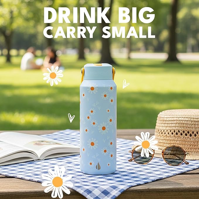 Elemental 40oz Insulated Water Bottle with Straw - 100% Leak-Proof Stainless Steel Core Water Bottles for Travel, Sports and Gym - Double Wall Insulation & BPA Free - Daisy Daydream