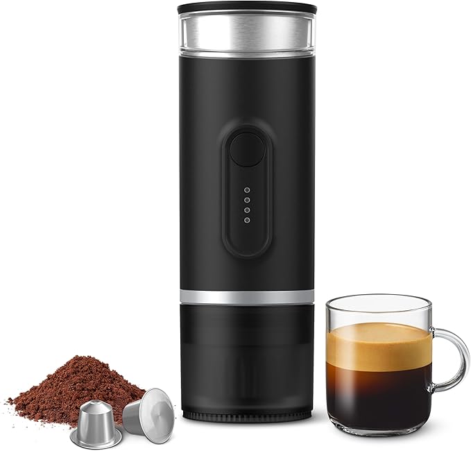 Portable Electric Espresso Machine, Self-Heating Travel Coffee Maker with USB-C, Compatible with Ground Coffee & NS Capsules, Ideal for Camping, Car, RV, Hiking & Office (Black)