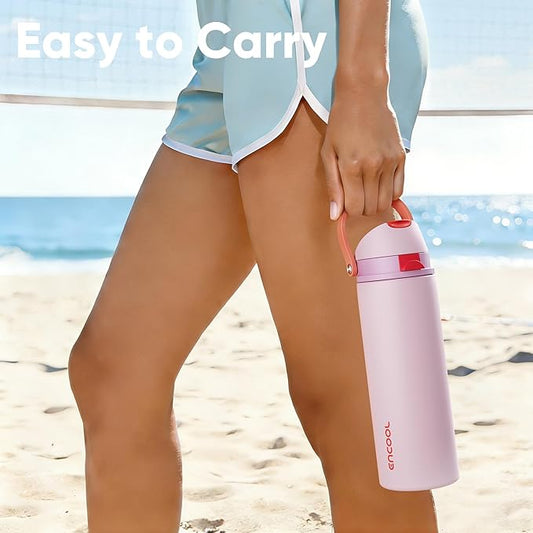 Insulated Water Bottle with Straw - Encool Stainless Steel Water Bottle with Push Button Lid, Leak-Proof & BPA-Free, Keeps Cold for 24 Hours for Sports, Travel, Gym (18 oz, Lily-Red)