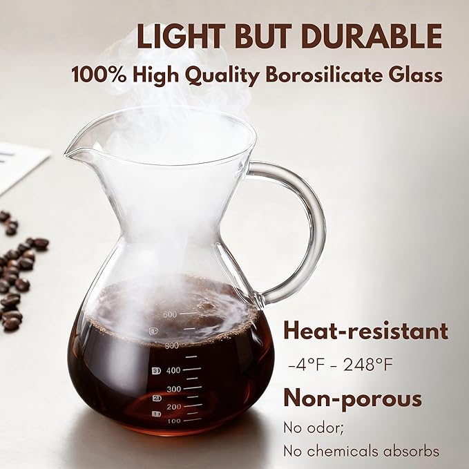 Pour Over Coffee Maker - 20 Oz (600ml) Borosilicate Glass Carafe - Reusable Stainless Steel Filter Paperless Dripper - For Home & Office & Resteraunt & Camping