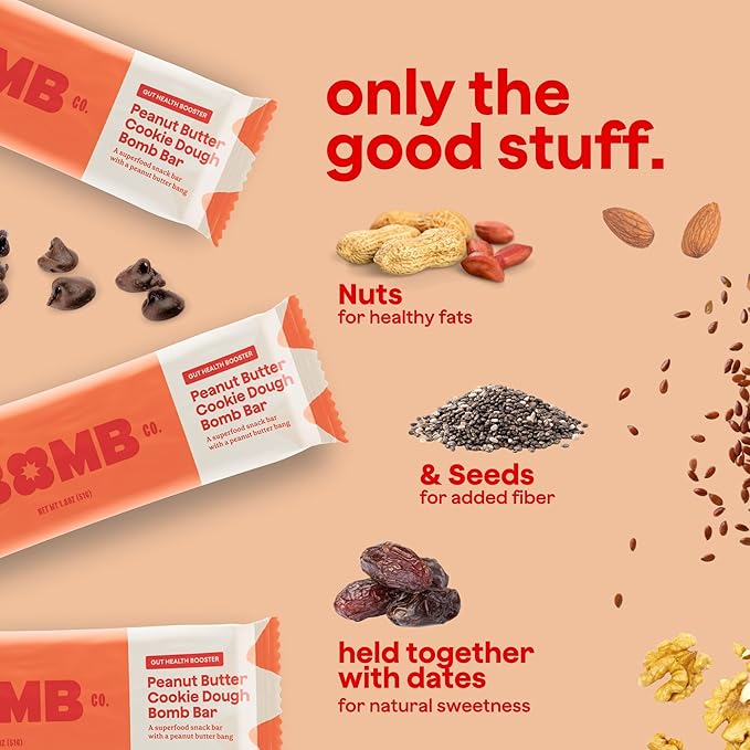 The Bomb Co. Blender Bomb Bar, Peanut Butter Cookie Dough, Superfood Snack Bar for Gut Health, Peanut Butter, Hemp Seeds, Chia Seeds, Flax Seeds, Sea Salt, Aloe Vera, Vegan Chocolate Chips, 9 Bars