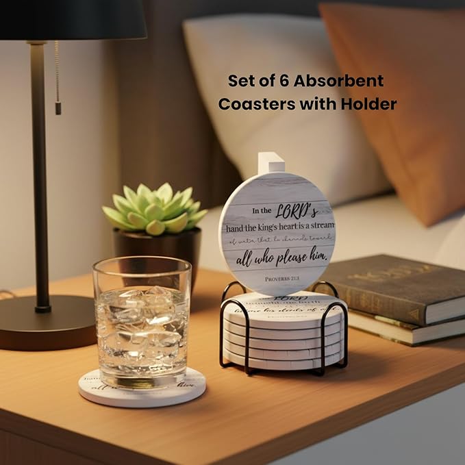 Christian Coasters Set of 6 with Holder– Ceramic Absorbent Drink Coasters for Coffee Table Desk, Modern Cute Moisture Absorbing Coasters, Christian Gifts Alternative to Cork, Silicone or Glass Coaster
