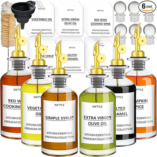 INFTYLE Olive Oil Dispenser Bottle Glass Coffee Syrup Bottles Set of 6 Cooking Oil bottles for kitchen, with Pourer Spout, Sealing Stopper, Labels, Funnel, Cleaning Brush (12 oz)