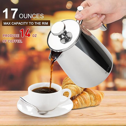 Secura French Press Coffee Maker, 17-Ounce, 304 Stainless Steel Insulated Coffee Press with Extra Screen