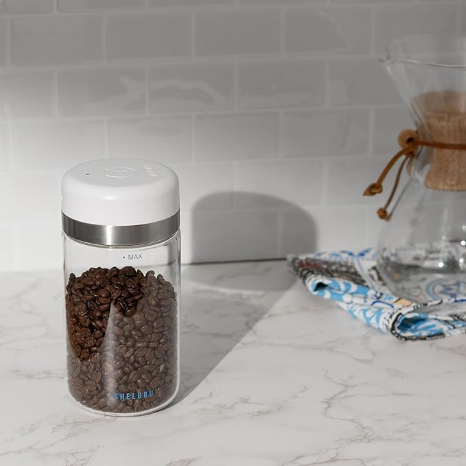 Next-Gen Smart Coffee Canister – Electric Vacuum Seal with Pressure Auto-Detection, Rechargeable Airtight Borosilicate Glass Container for Whole & Ground Beans, Ultimate Freshness Lock (10.5oz)