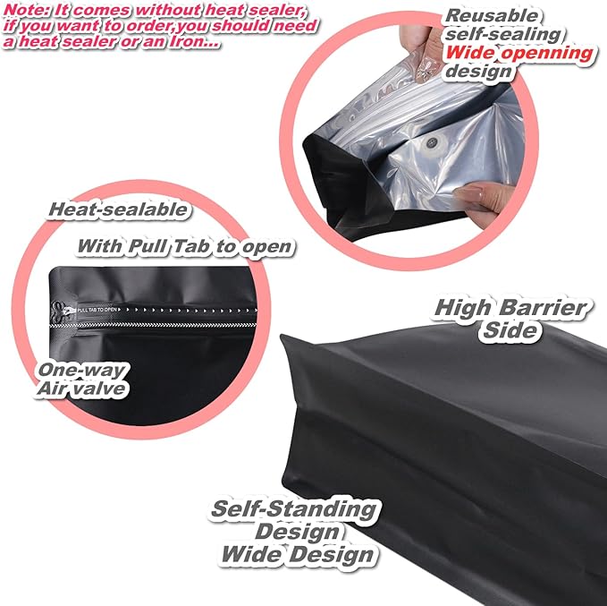 60 Pack High Barrier Stand-Up Coffee Bean Bags with Vented Valve Matte Metallic Heat-Sealable & Resealable Solid Color Pouches (Square,7.7 * 8 inch,1 lb,Black)