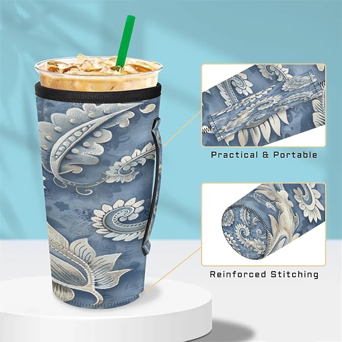 Reusable Iced Coffee Cup Sleeve Paisley Neoprene Insulated Sleeves Cup Holder with handle Idea for 24oz - 28oz