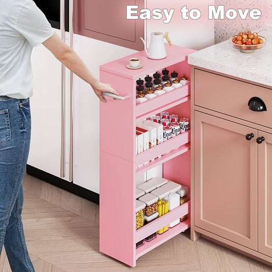 MARTY Rolling Storage Cart 7.9" W, 4-Tier Kitchen Cart with Wheels Handle, Slim Storage Cart Mobile Shelving Utility Carts for Bathroom Laundry Room Organization Narrow Places (Pink)