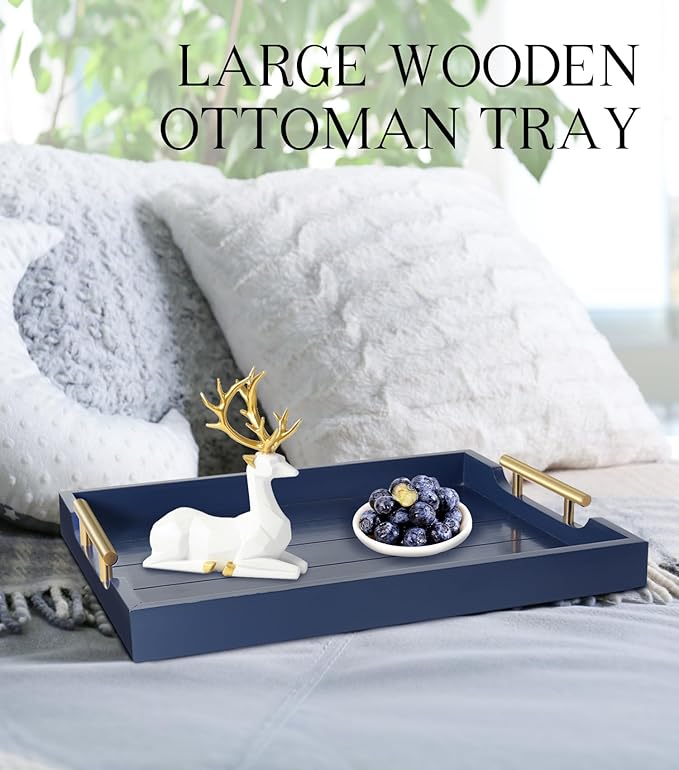 Coffee Table Tray - Large Ottoman Tray for Living Room - Wood Serving Tray with 2 Sets of Handles - Wooden Trays for Coffee Tables, 4 Round Coasters Included, Deep Blue