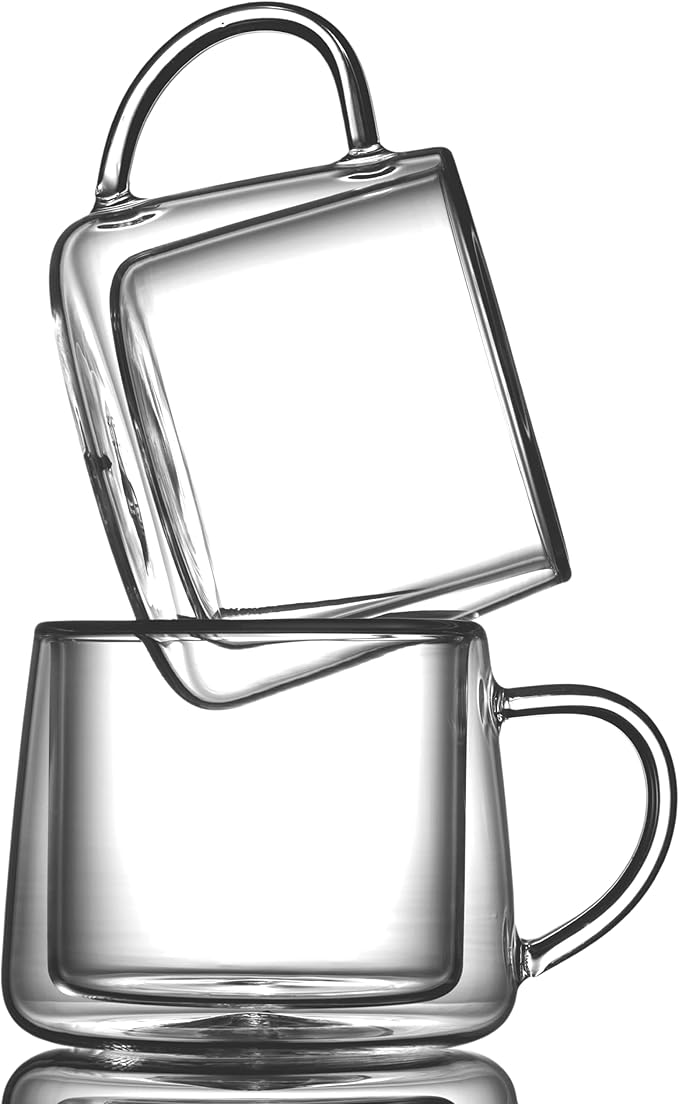 LEMONSODA Double Walled Glass Coffee Drink Mug with Handle - Set of 2 (250 mL / 8.5 fl. oz) Insulated Thermal Mugs Glasses For Tea, Coffee, Latte, Cappucino, Cafe, Milk - Housewarming Gifts