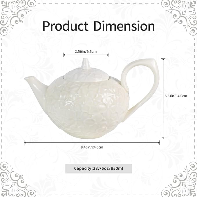 KAMMAK Teapot with Handle, Vintage Porcelain Tea Pot with Gold Trim, Blooming & Loose Leaf Teapot, Festive Holiday Serveware, Gifts for Women, Creamy White - 28 oz