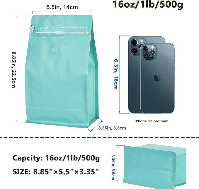 Blue Kraft Paper Coffee Bags with One Way Degassing Valve, Resealable Coffee Pouches with Flat Bottom & Pull Tab Zipper (100, 16oz, 1lb, 500gram)