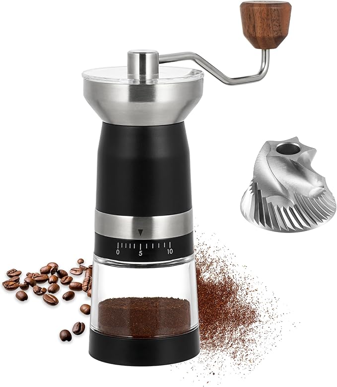VEVOK CHEF Manual Coffee Grinder 10 External Adjustment Fashion Bean Grinder Stainless Steel Double Bearing Conical Burr Portable Hand Coffee Mill for Home,Camping,Silver