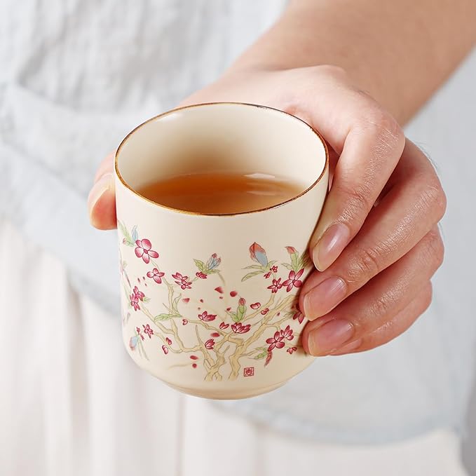 fanquare Japanese Ceramic Tea Set, 17oz Bamboo Handle Teapot with Stainless Steel Infuser and 4 Cups, Floral Pattern Tea Service for Loose Leaf Tea, Gift for Tea Lovers