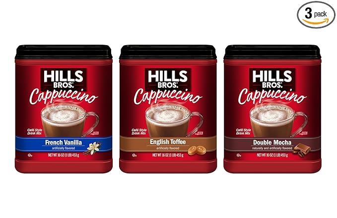 Hills Bros. Cappuccino Mix – Rich, Frothy Coffeehouse-Tasting Instant Drink Mix – Quick and Easy Preparation – Perfect for Hot & Iced Drinks & Creaming Coffee – Starter Variety Bundle, 3 Packs of 16oz