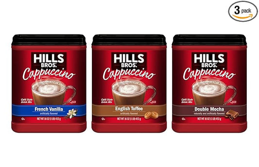 Hills Bros. Cappuccino Mix – Rich, Frothy Coffeehouse-Tasting Instant Drink Mix – Quick and Easy Preparation – Perfect for Hot & Iced Drinks & Creaming Coffee – Starter Variety Bundle, 3 Packs of 16oz